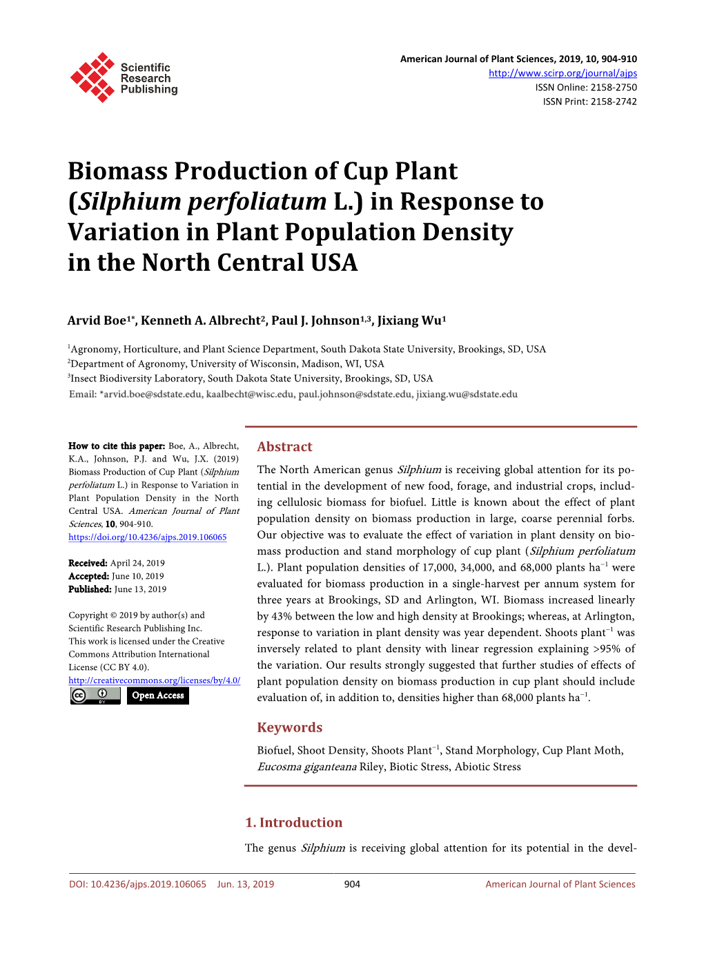 Biomass Production of Cup Plant (Silphium Perfoliatum L.) in Response to Variation in Plant Population Density in the North Central USA
