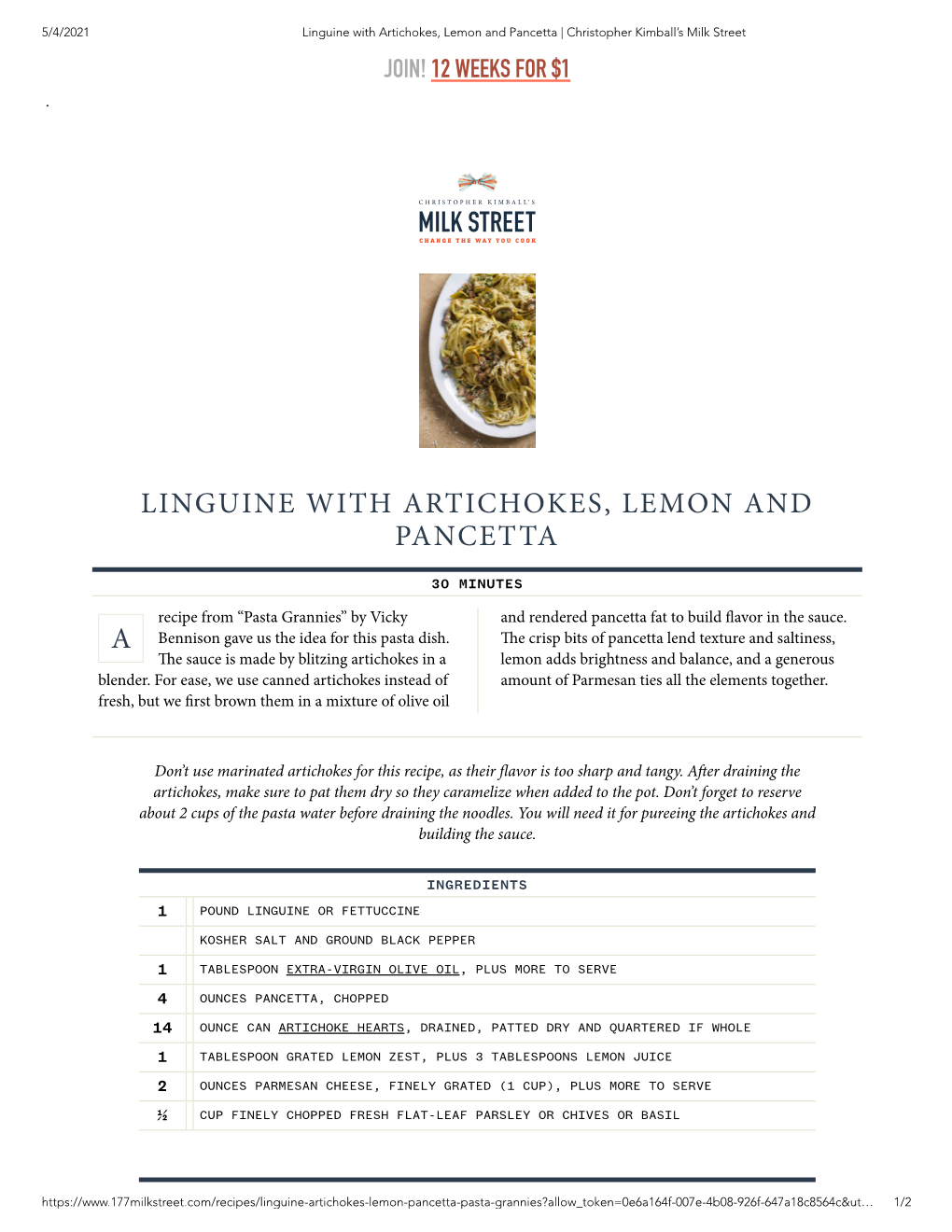 Linguine with Artichokes, Lemon and Pancetta A