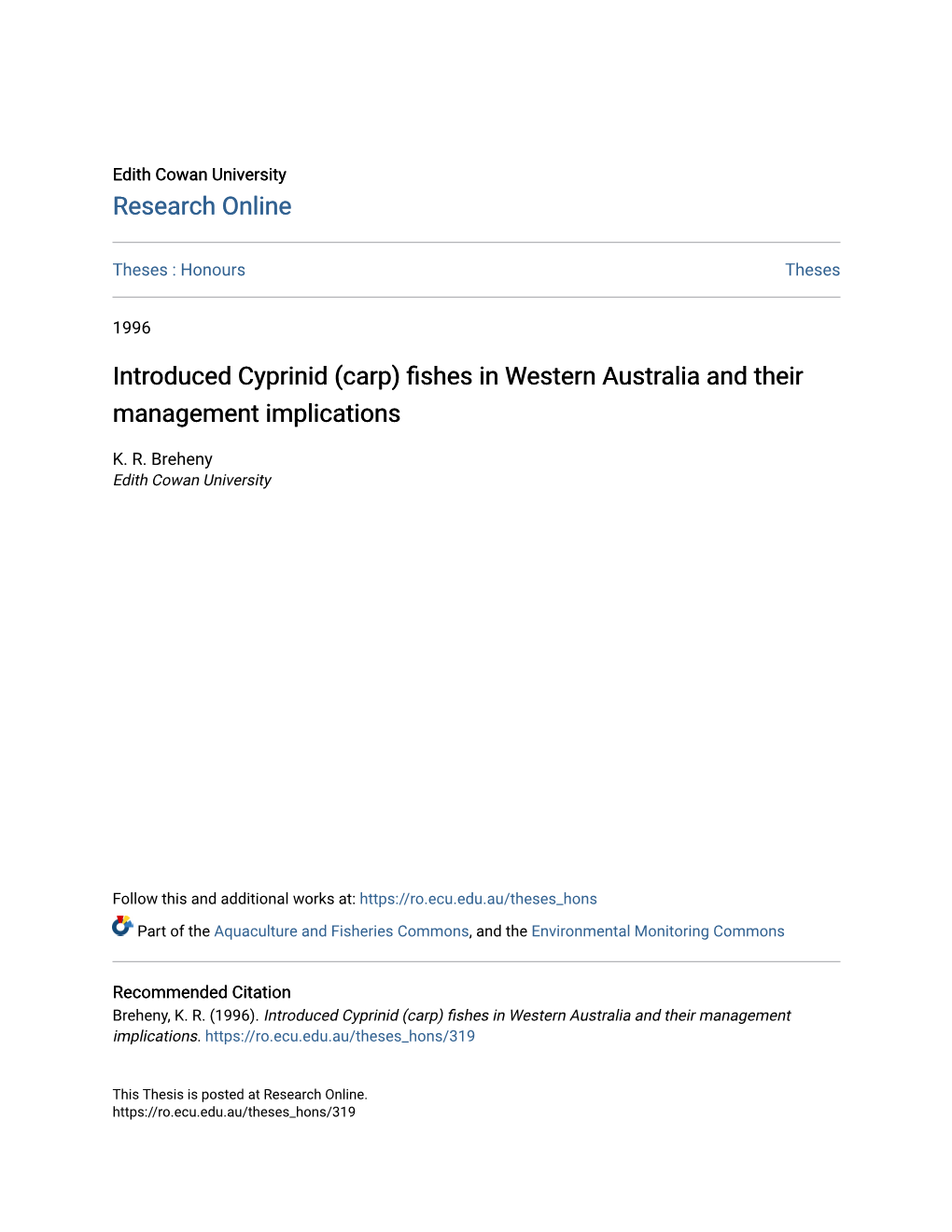 Introduced Cyprinid (Carp) Fishes in Western Australia and Their Management Implications