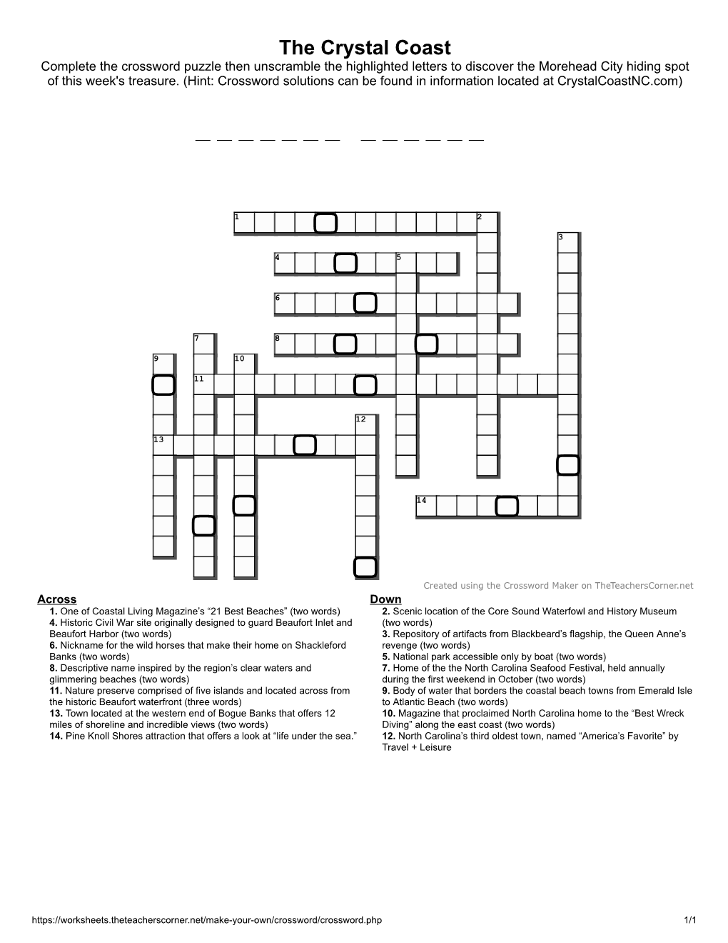 The Crystal Coast Complete the Crossword Puzzle Then Unscramble the Highlighted Letters to Discover the Morehead City Hiding Spot of This Week's Treasure