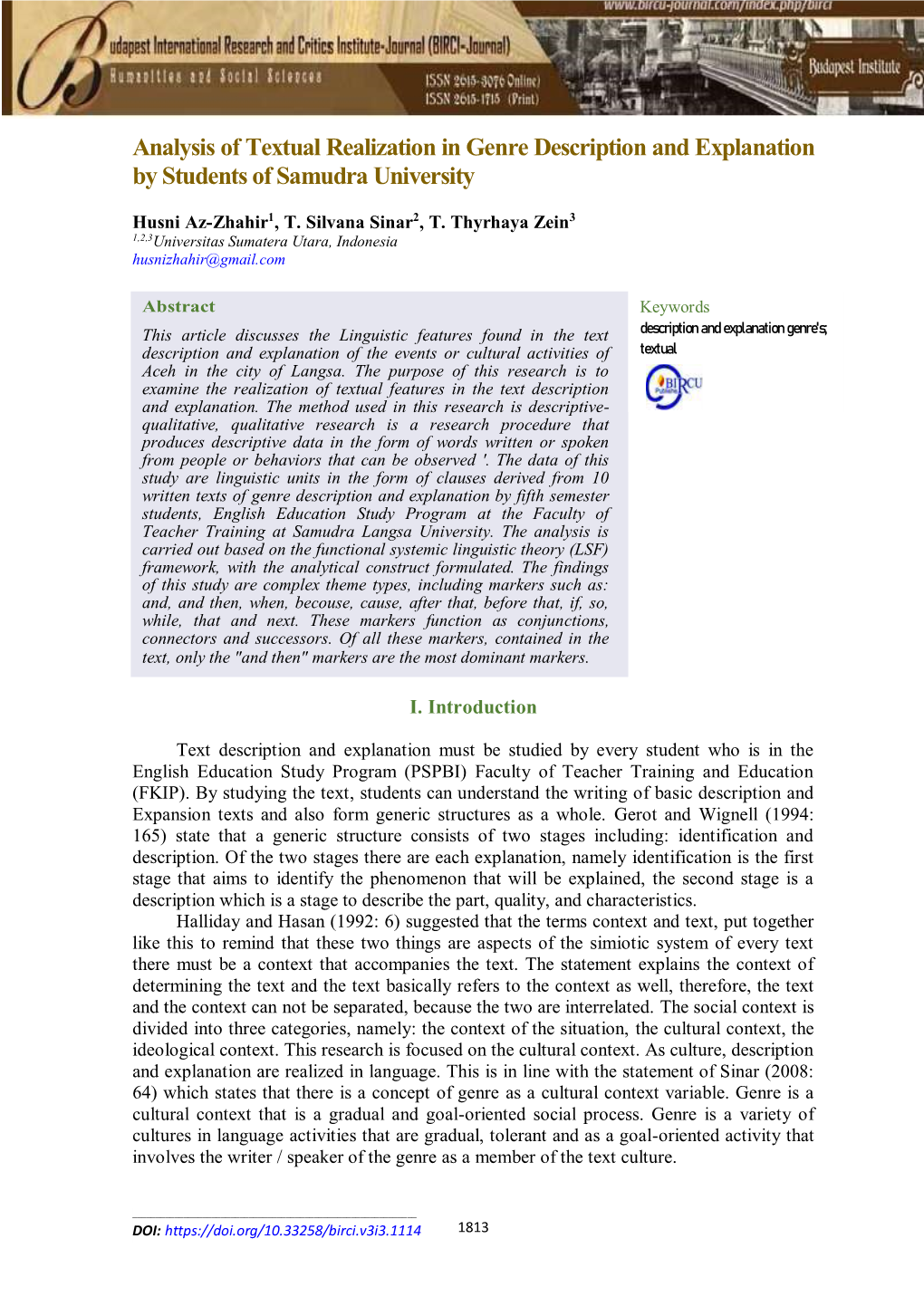 Analysis of Textual Realization in Genre Description and Explanation by Students of Samudra University