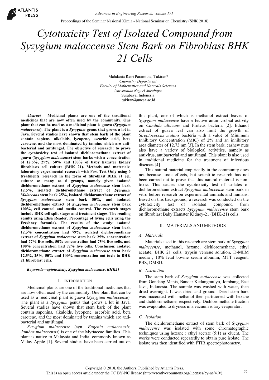 Cytotoxicity Test of Isolated Compound from Syzygium Malaccense Stem Bark on Fibroblast BHK 21 Cells