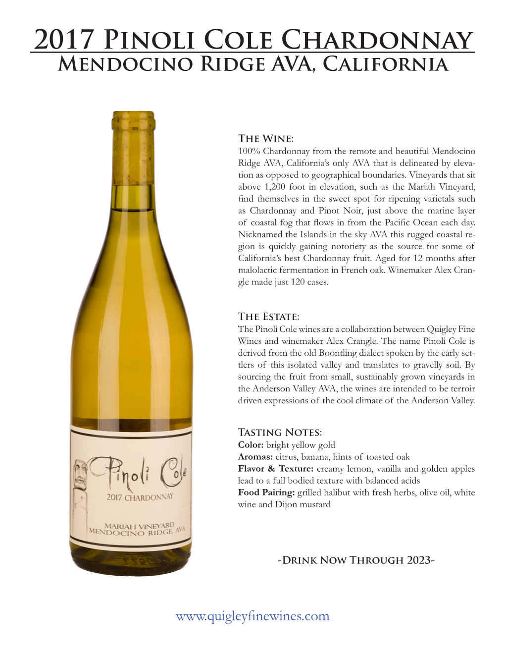 2017 Pinoli Cole Chardonnay Mendocino Ridge AVA, California