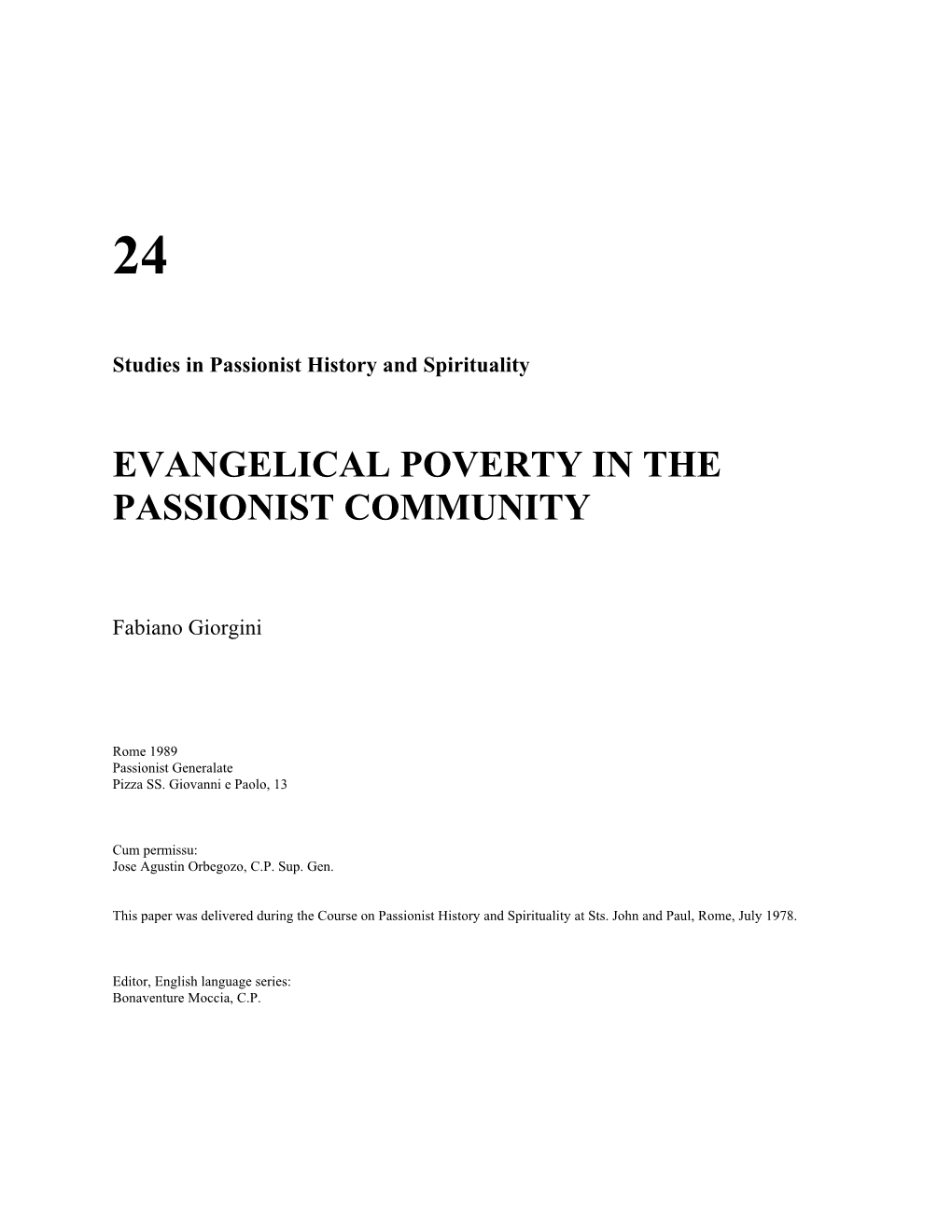 Evangelical Poverty in the Passionist Community