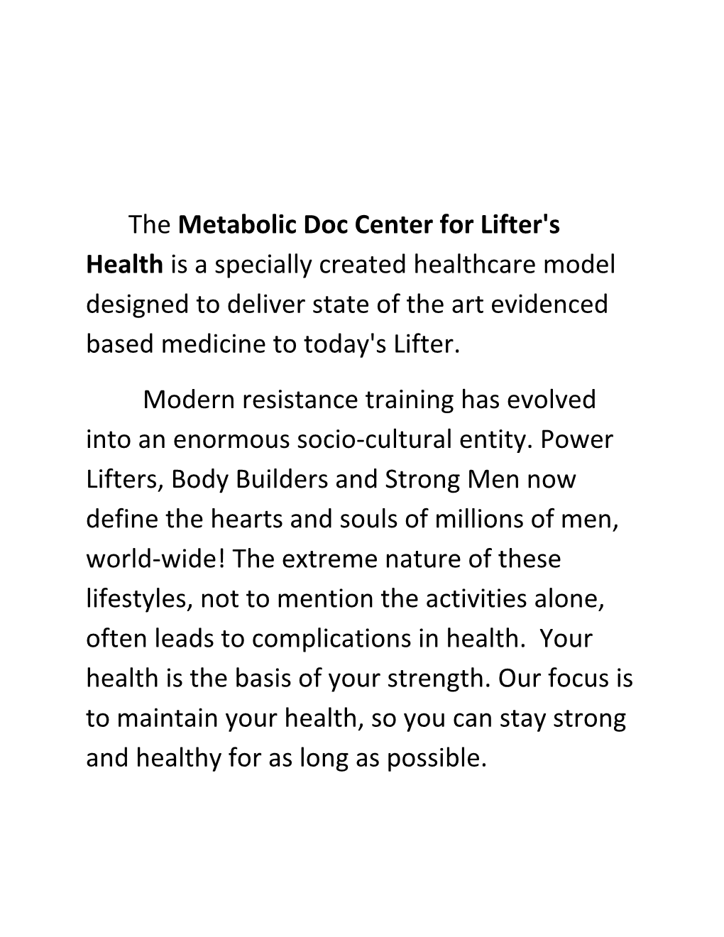 The Metabolic Doc Center for Lifter's Health Is a Specially Created Healthcare Model Designed