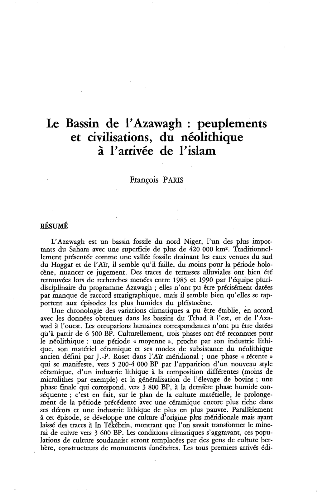 Le Bassin De I'azawagh : Peuplements Et