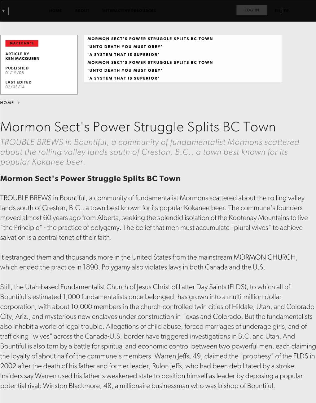 Mormon Sect's Power Struggle Splits BC Town