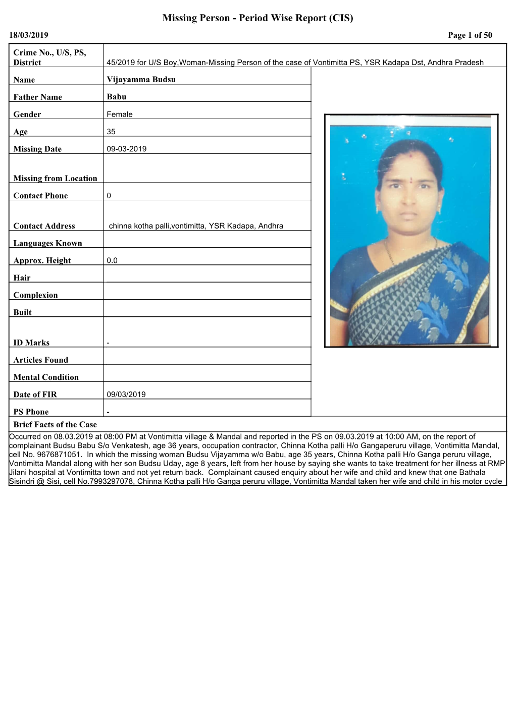 Missing Person - Period Wise Report (CIS) 18/03/2019 Page 1 of 50