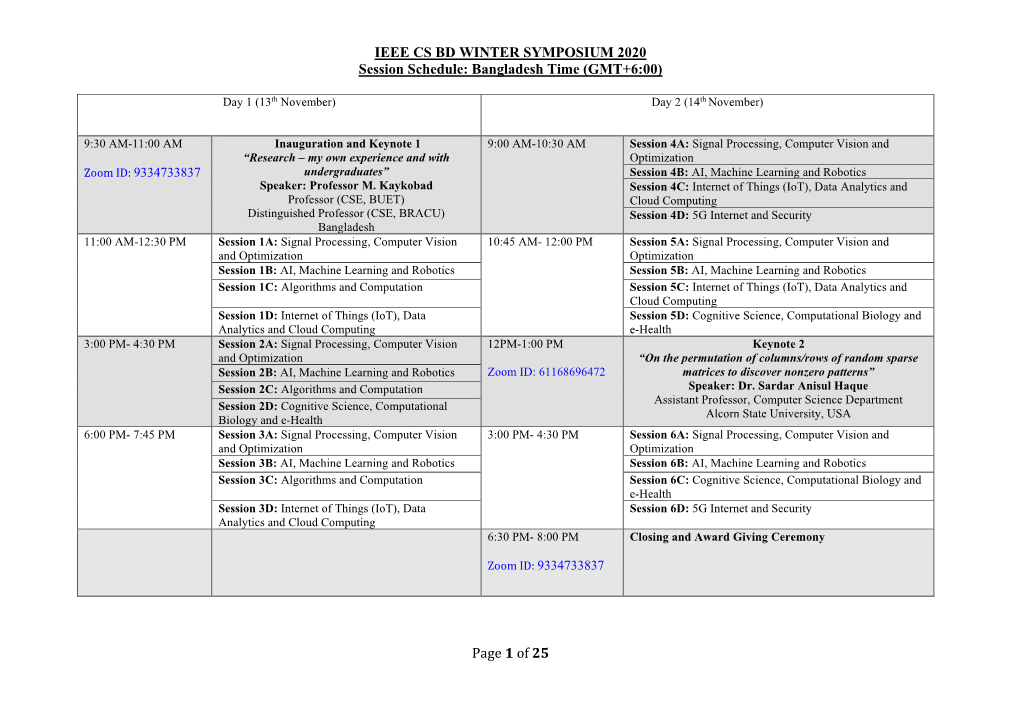 IEEE CS BD WINTER SYMPOSIUM 2020 Session Schedule: Bangladesh Time (GMT+6:00)