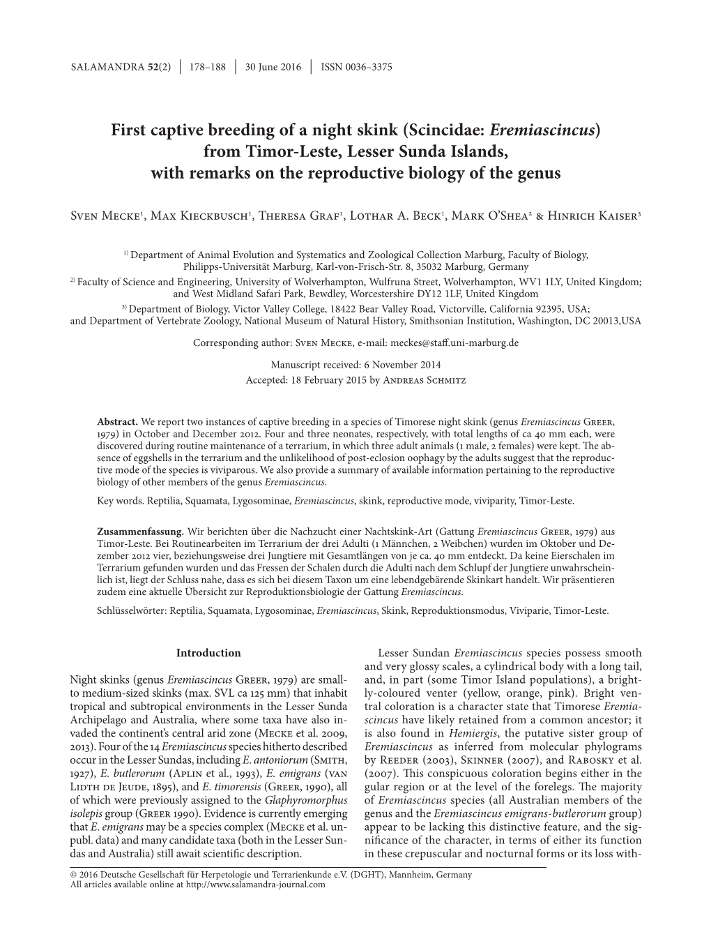 (Scincidae: Eremiascincus) from Timor-Leste, Lesser Sunda Islands, with Remarks on the Reproductive Biology of the Genus