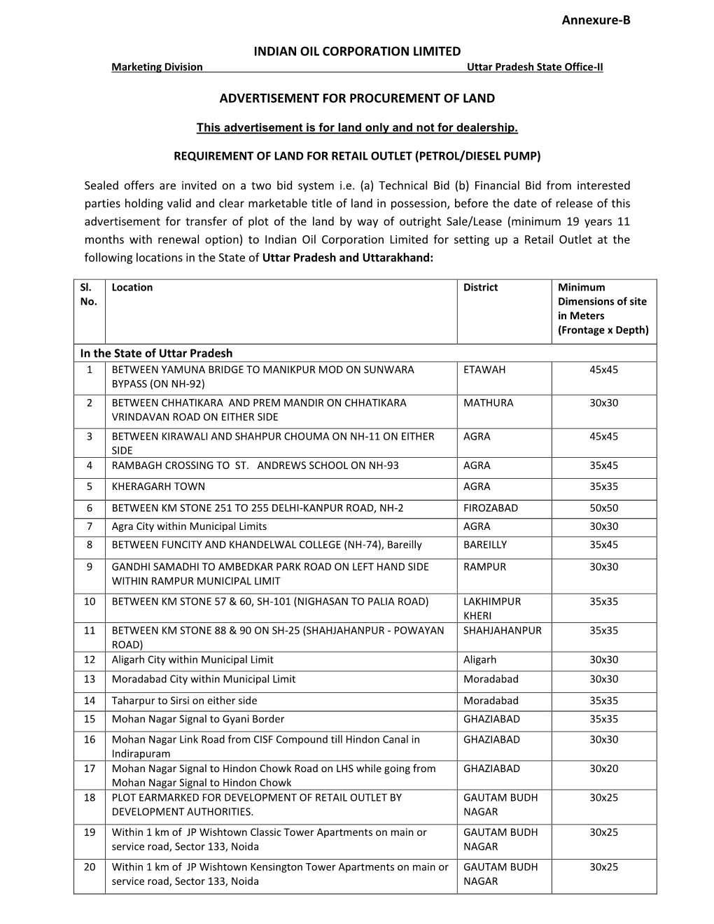 Annexure-B INDIAN OIL CORPORATION LIMITED ADVERTISEMENT for PROCUREMENT of LAND