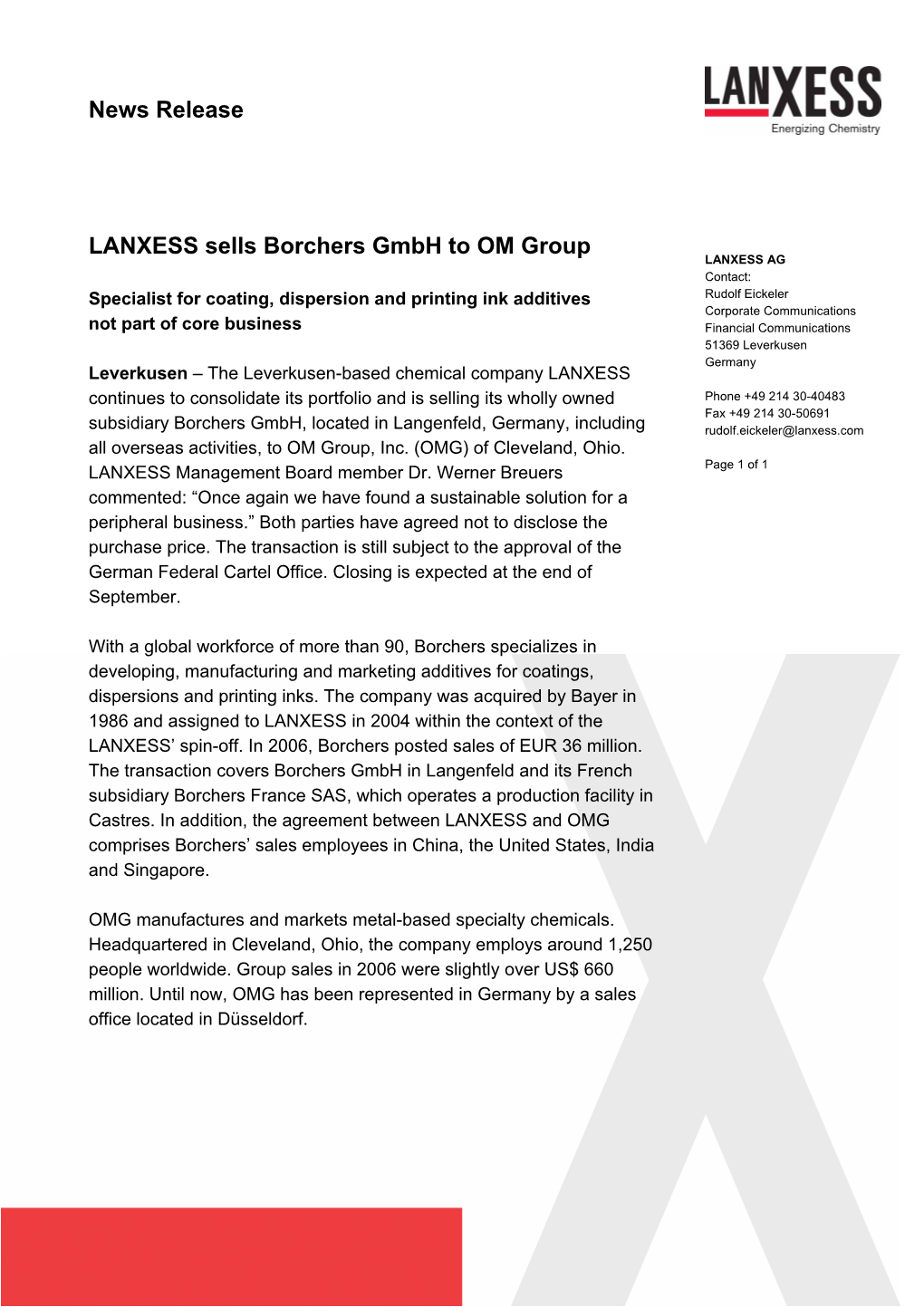 News Release LANXESS Sells Borchers Gmbh to OM Group