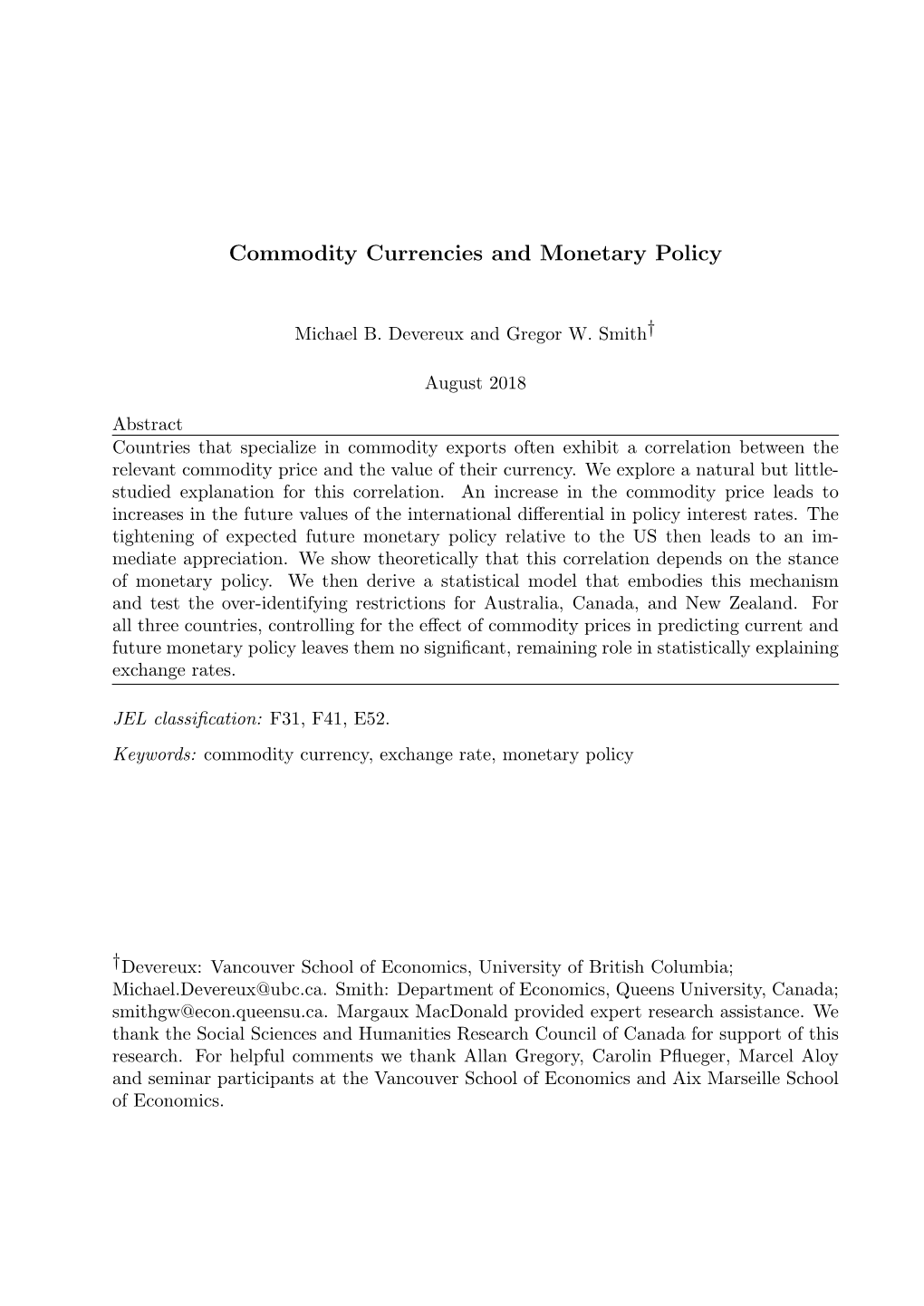 Commodity Currencies and Monetary Policy