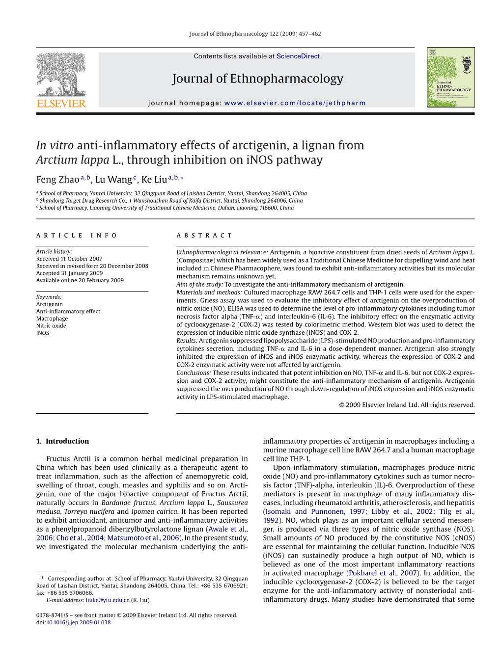 Journal of Ethnopharmacology in Vitro Anti-Inflammatory Effects of Arctigenin, a Lignan from Arctium Lappa L., Through Inhibitio