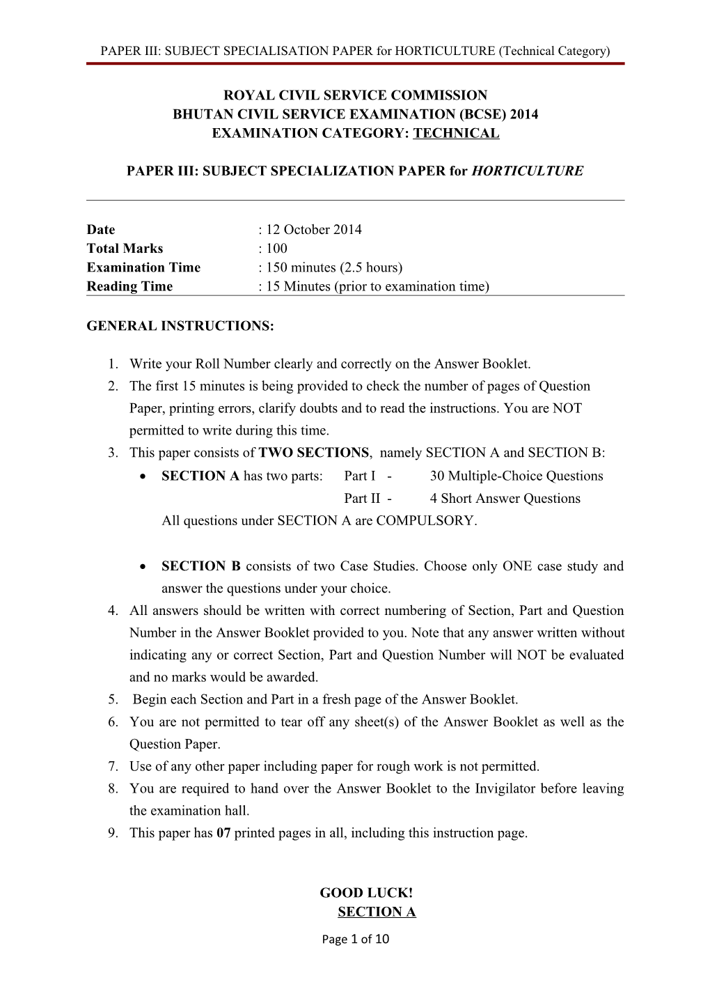 PAPER III: SUBJECT SPECIALISATION PAPER for HORTICULTURE (Technical Category)