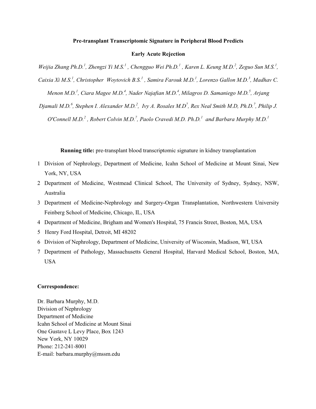 Pre-Transplant Transcriptomic Signature in Peripheral Blood Predicts