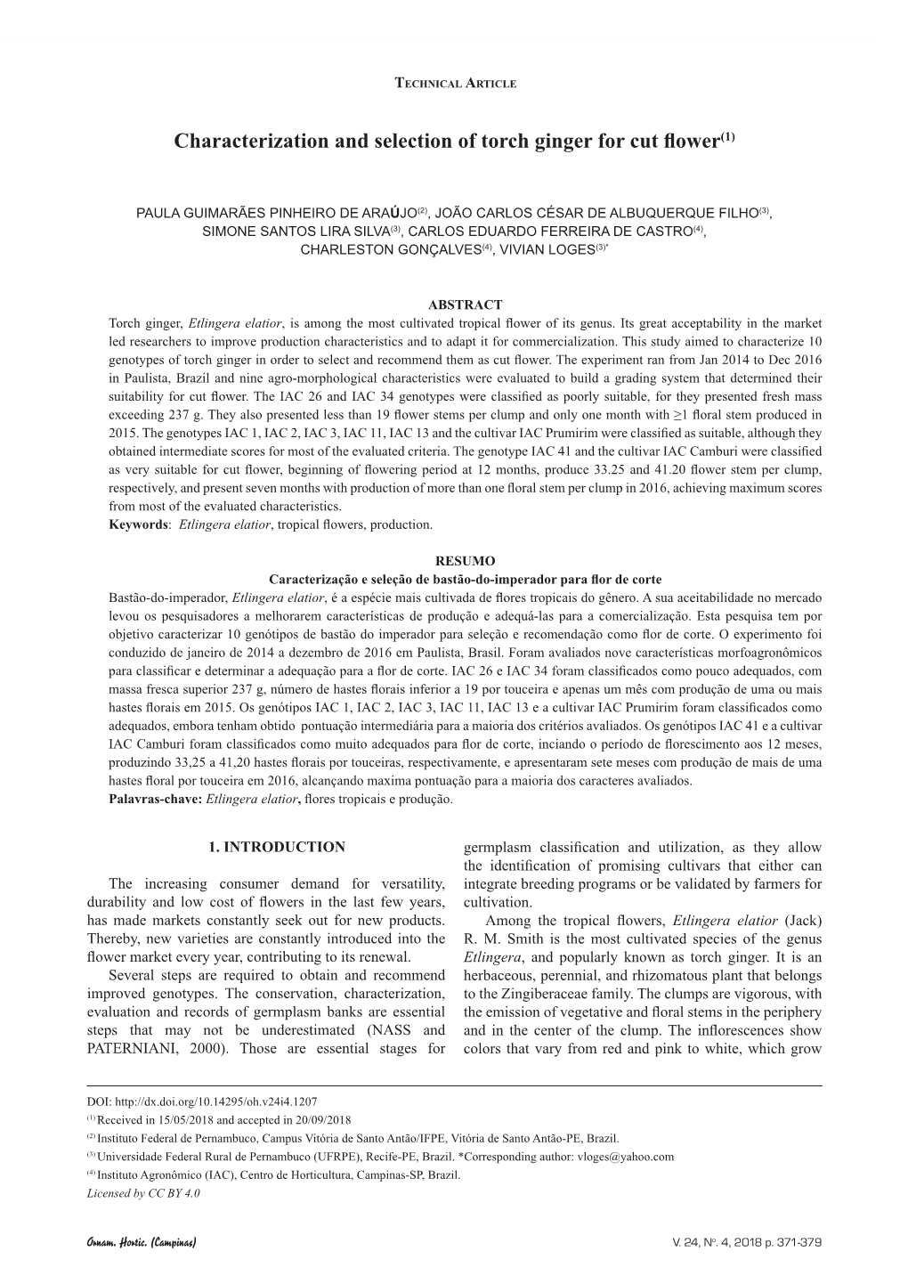 Characterization and Selection of Torch Ginger for Cut Flower(1)