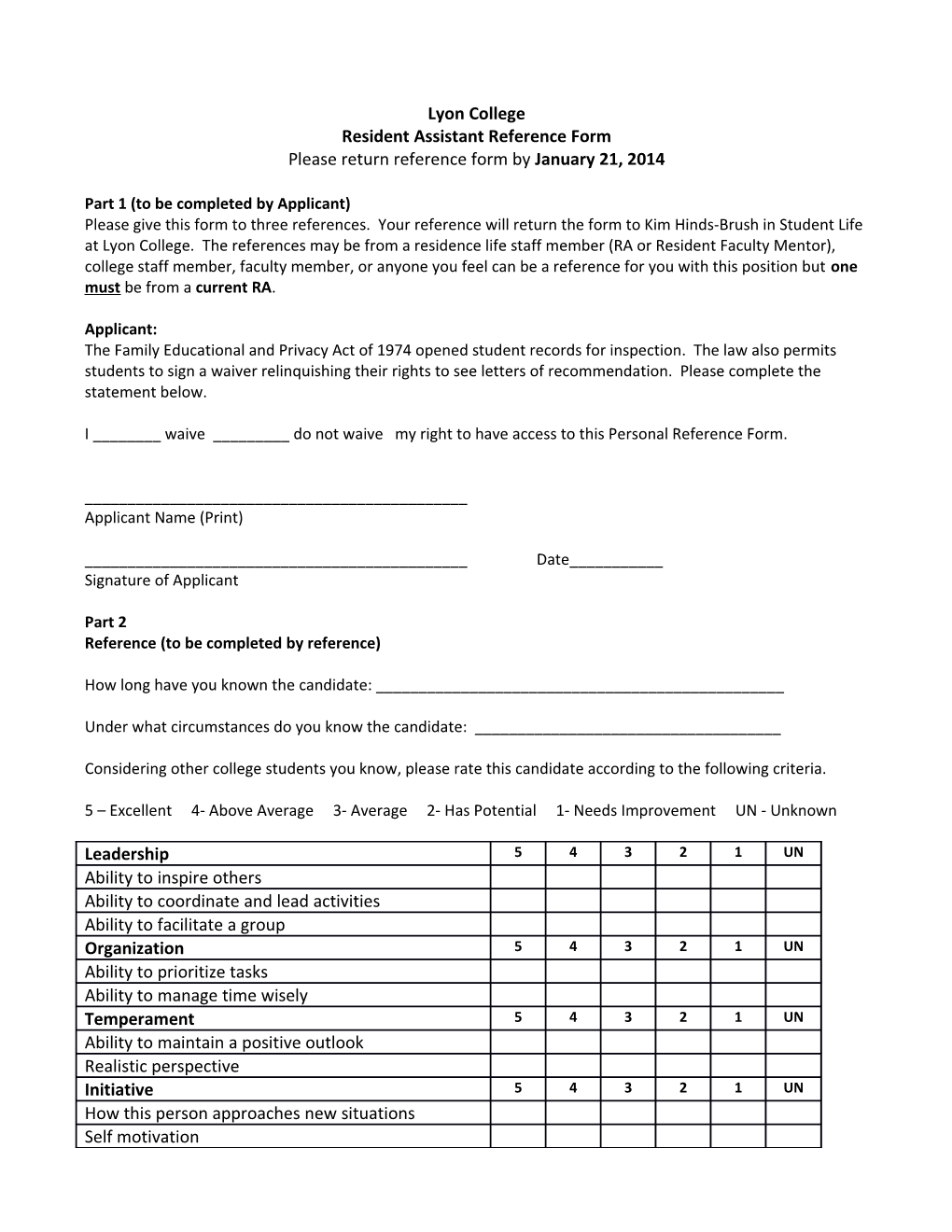 Resident Assistant Reference Form