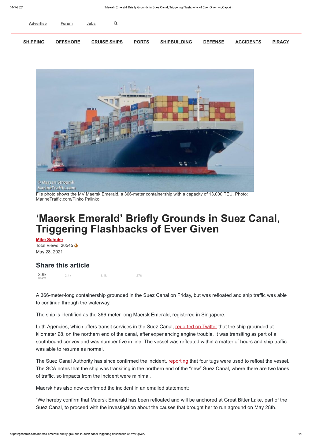 Maersk Emerald' Briefly Grounds in Suez Canal, Triggering Flashbacks of Ever Given – Gcaptain