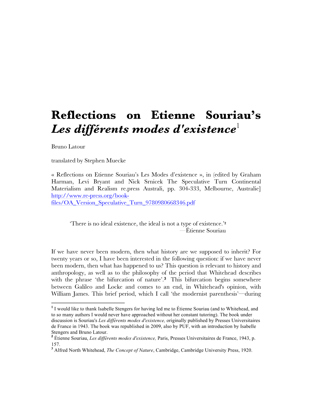 Reflections on Etienne Souriau's Les Différents Modes D'existence1