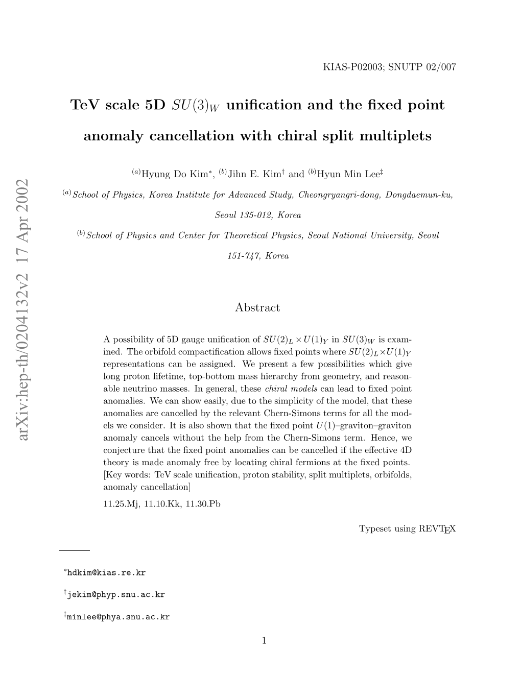 Tev Scale 5D SU(3)W Unification and the Fixed Point Anomaly