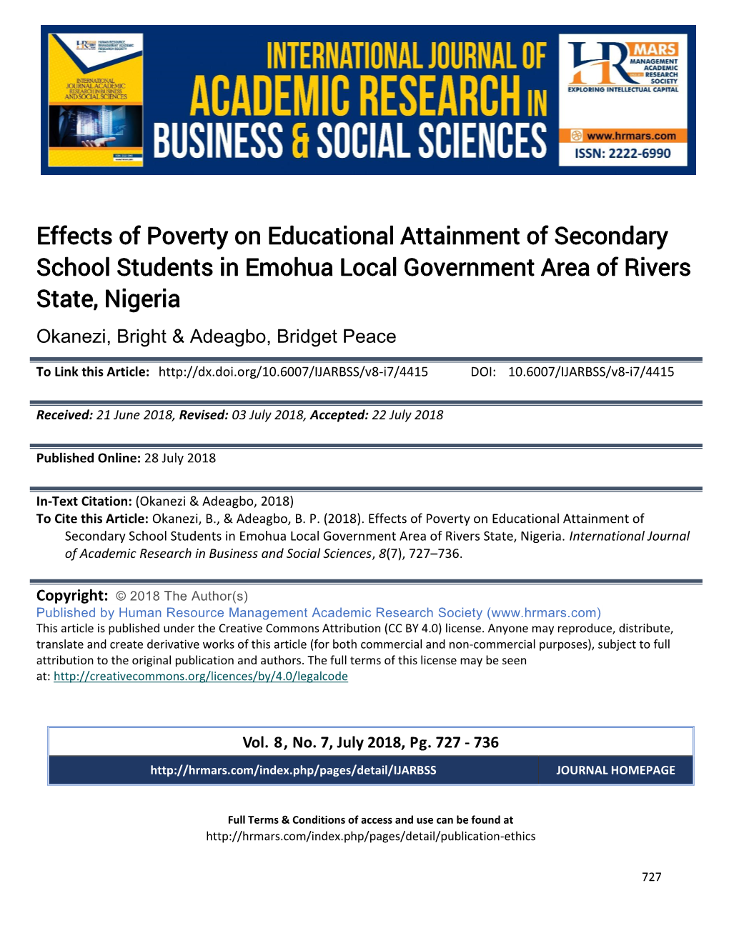 Effects of Poverty on Educational Attainment of Secondary School Students in Emohua Local Government Area of Rivers State, Nigeria