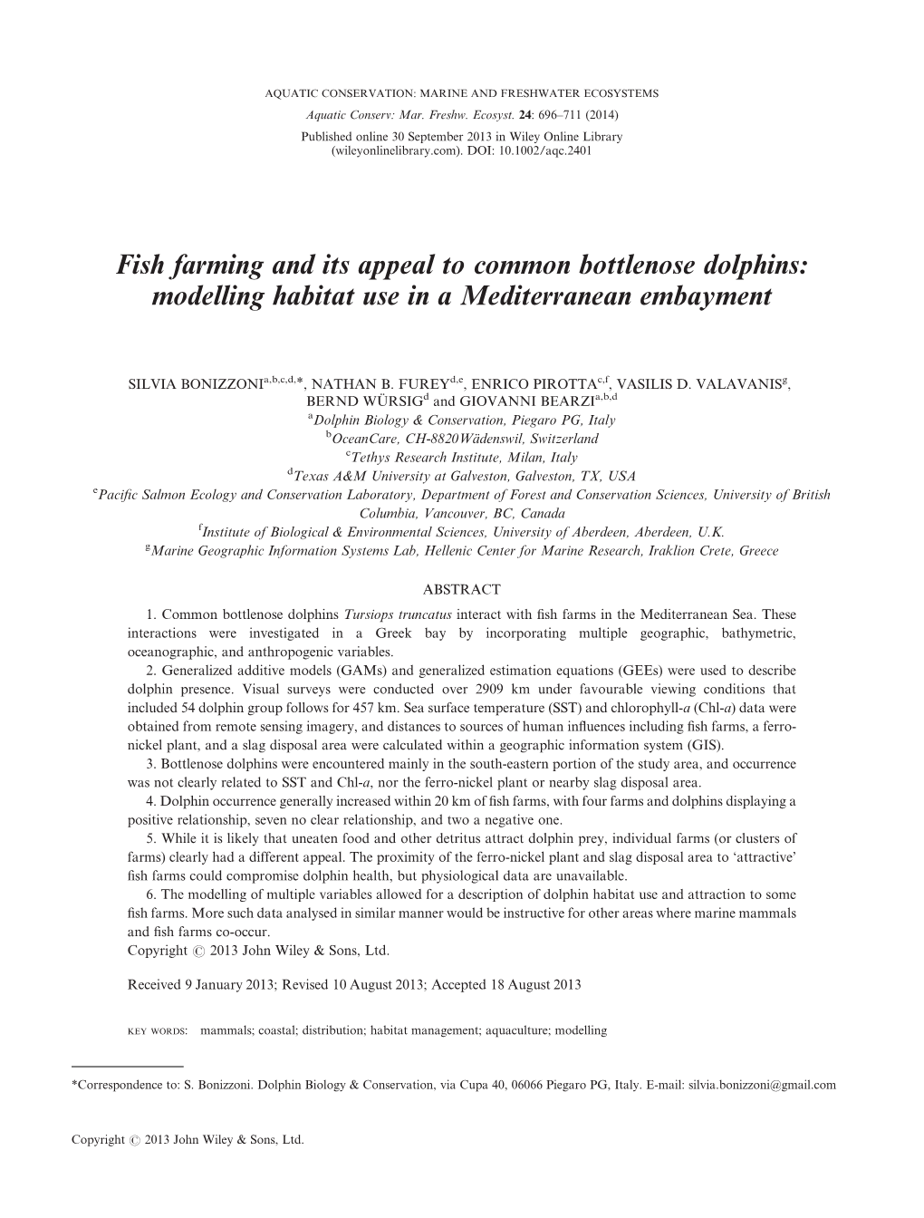 Fish Farming and Its Appeal to Common Bottlenose Dolphins: Modelling Habitat Use in a Mediterranean Embayment