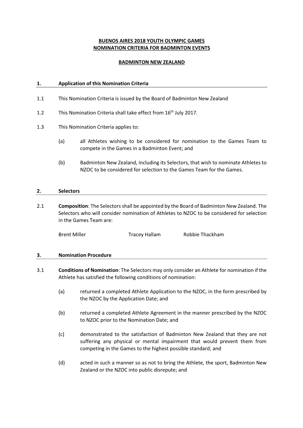 Badminton Nomination Criteria