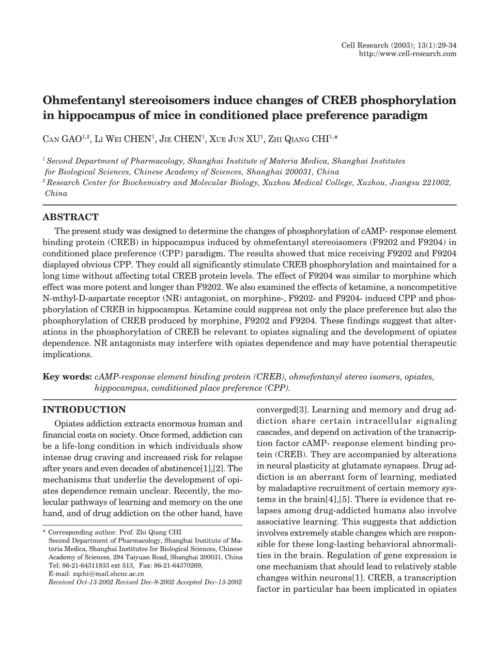 Ohmefentanyl Stereoisomers Induce Changes of CREB Phosphorylation in Hippocampus of Mice in Conditioned Place Preference Paradigm