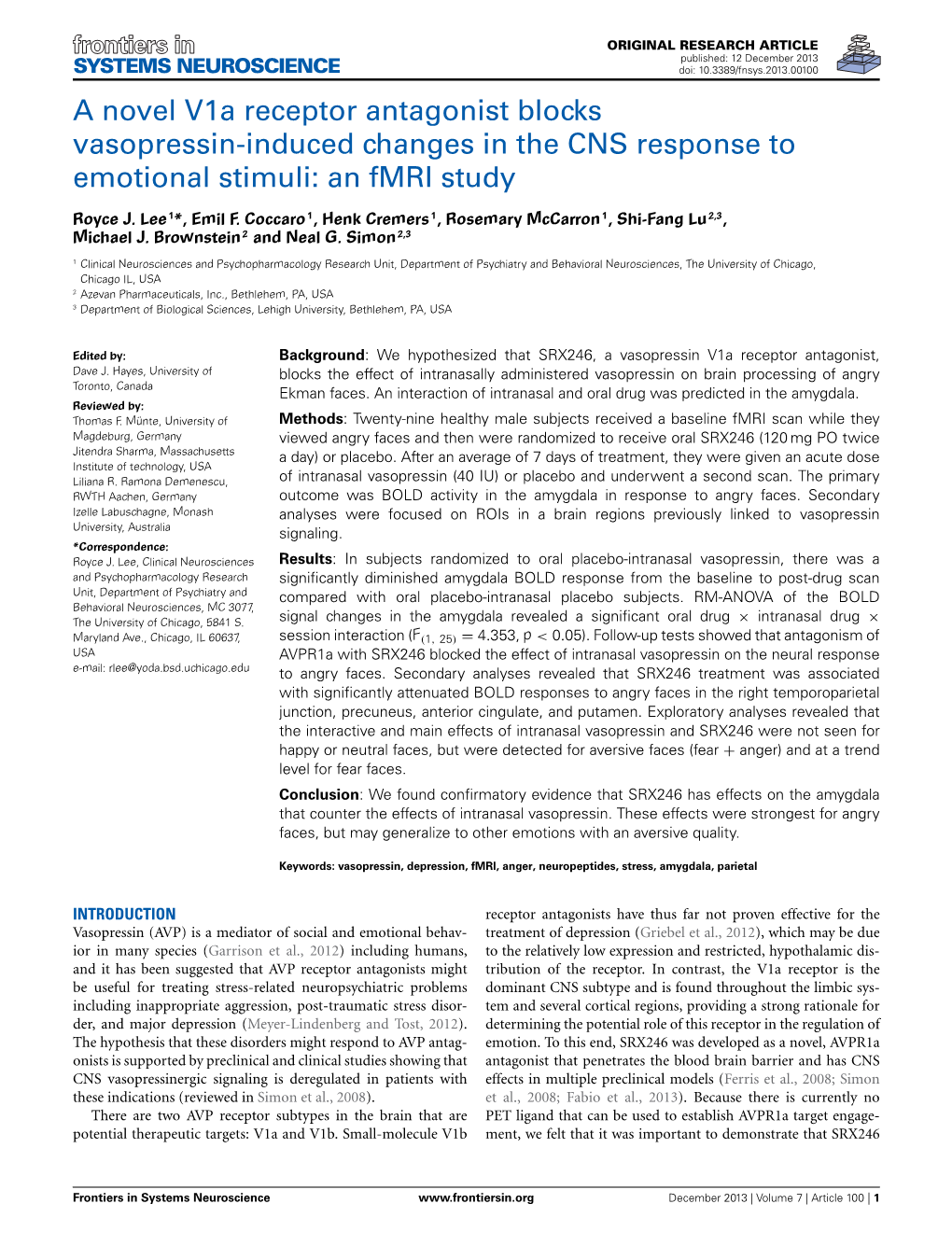 A Novel V1a Receptor Antagonist Blocks Vasopressin-Induced Changes in the CNS Response to Emotional Stimuli: an Fmri Study