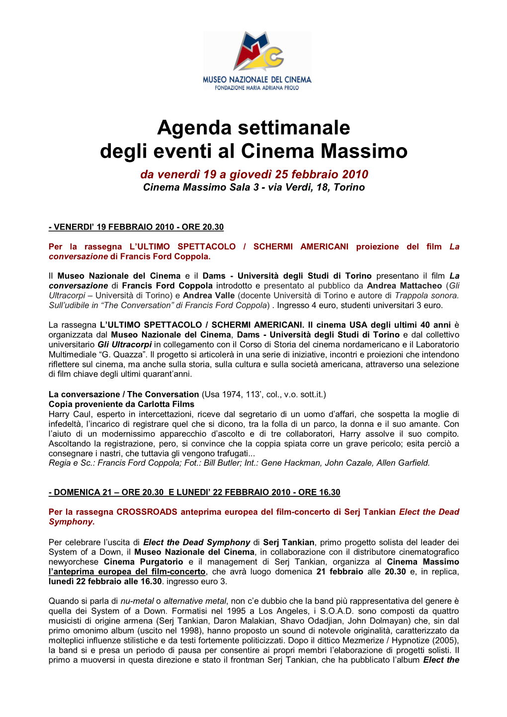 03 Agenda Appuntamenti Cmassimo Dal 19 Al 25.02.2010 Ok