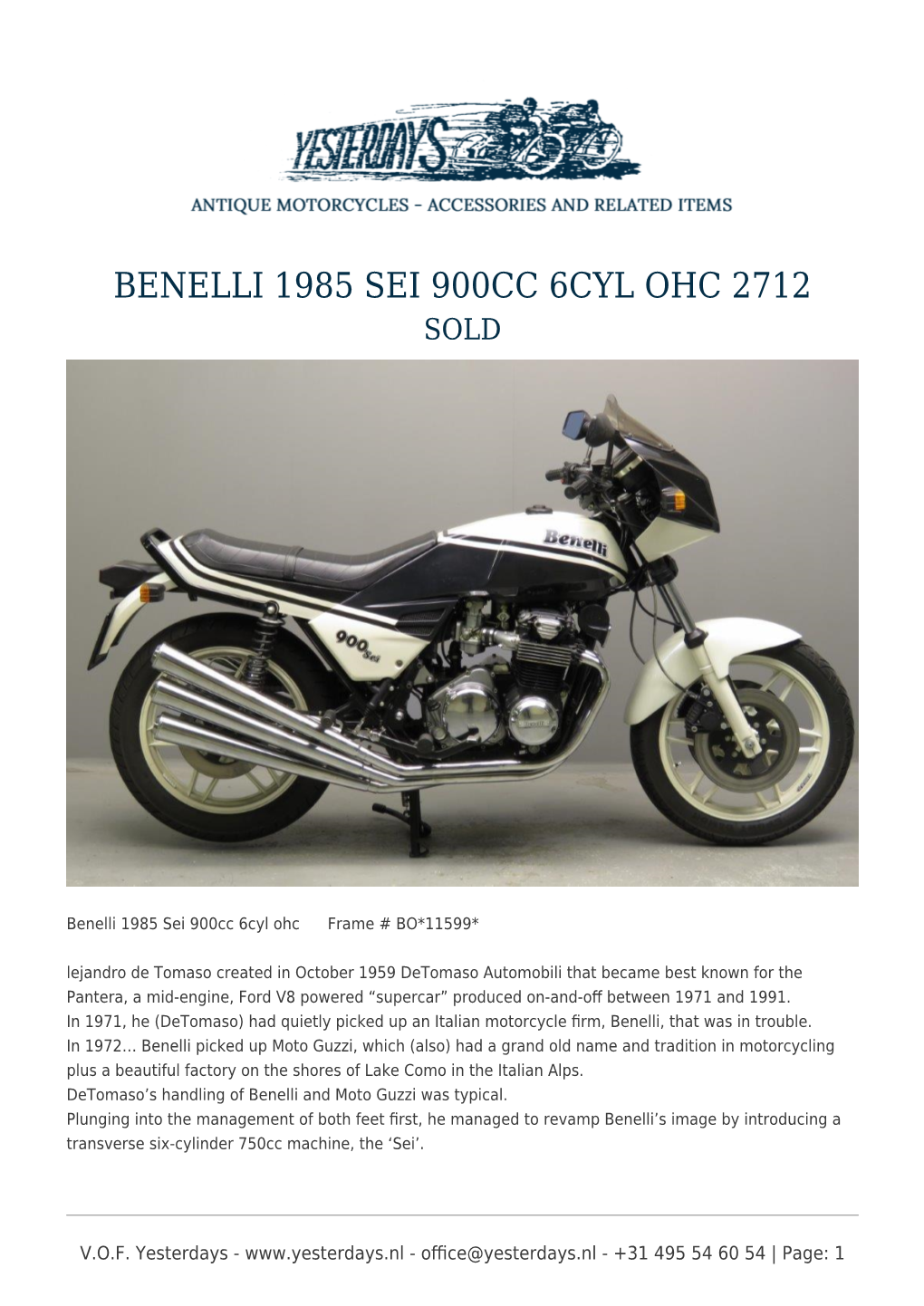 Benelli 1985 Sei 900Cc 6Cyl Ohc 2712 Sold