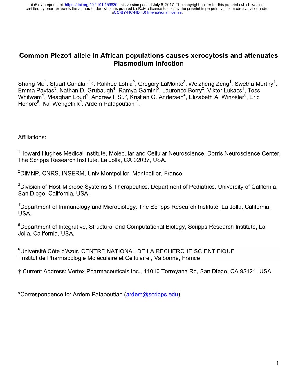 Common Piezo1 Allele in African Populations Causes Xerocytosis and Attenuates Plasmodium Infection