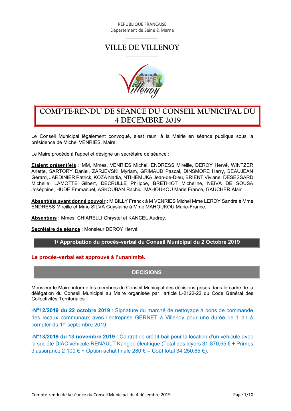 Compte-Rendu De Seance Du Conseil Municipal Du 4 Decembre 2019
