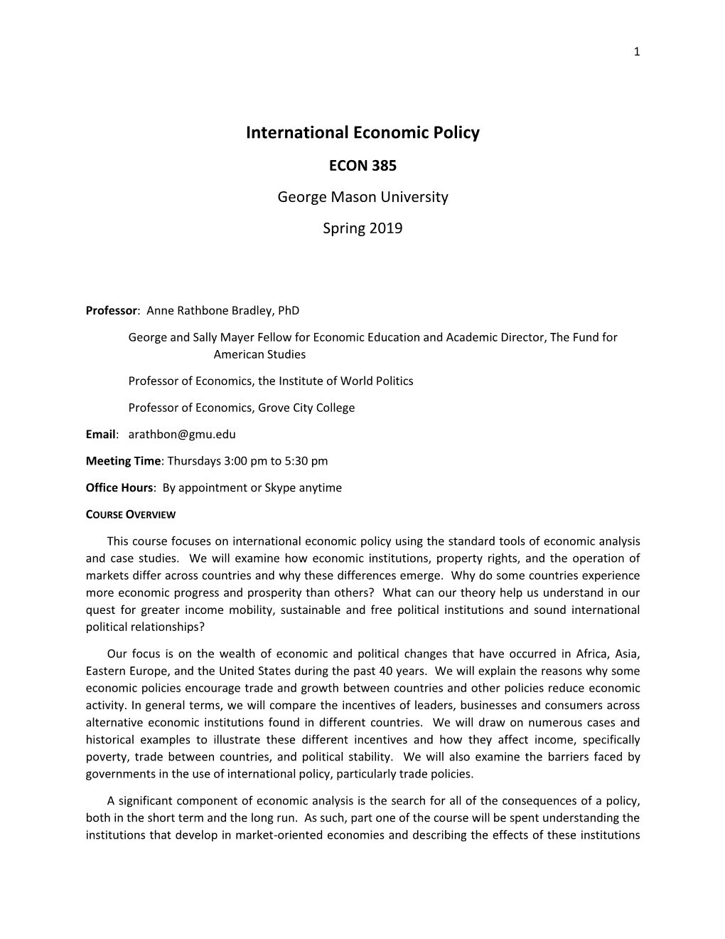 International Economic Policy ECON 385 George Mason University Spring 2019