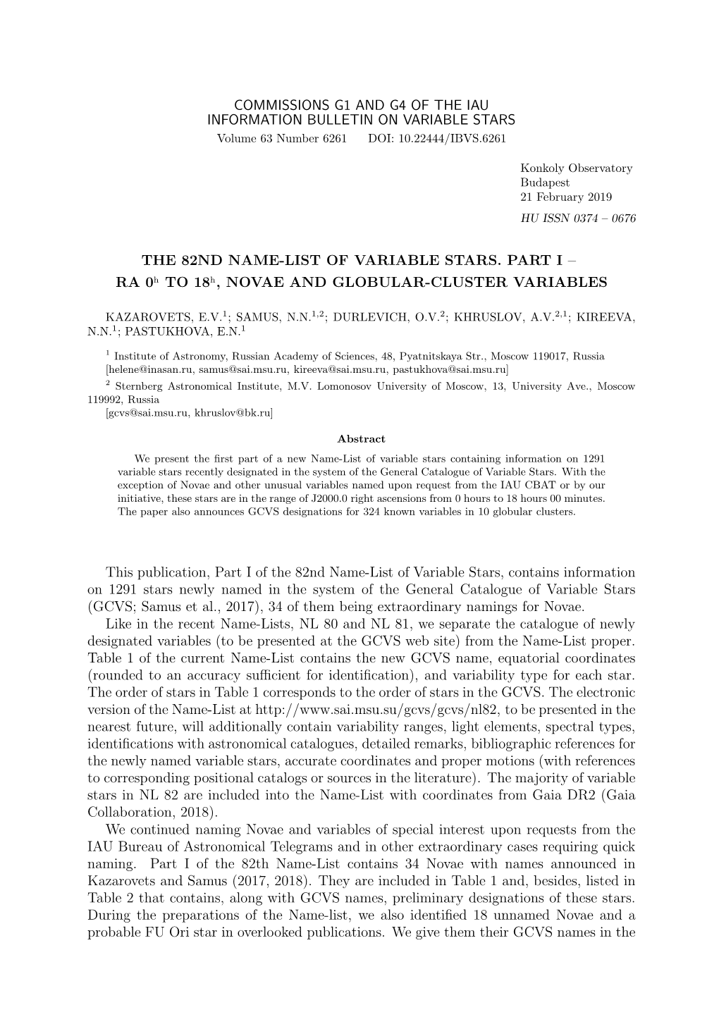 THE 82ND NAME-LIST of VARIABLE STARS. PART I – RA 0H to 18H, NOVAE and GLOBULAR-CLUSTER VARIABLES