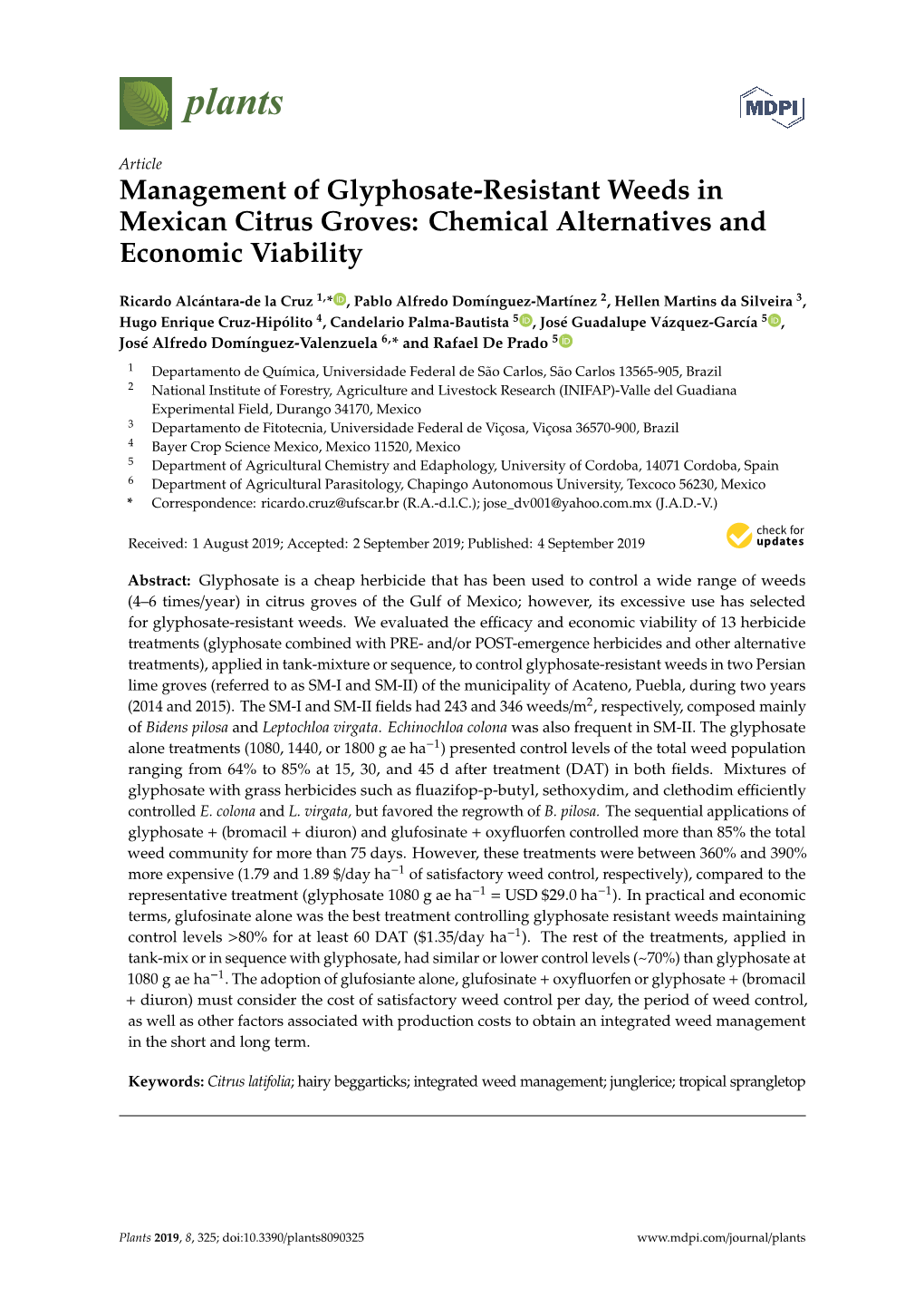 Management of Glyphosate-Resistant Weeds in Mexican Citrus Groves: Chemical Alternatives and Economic Viability