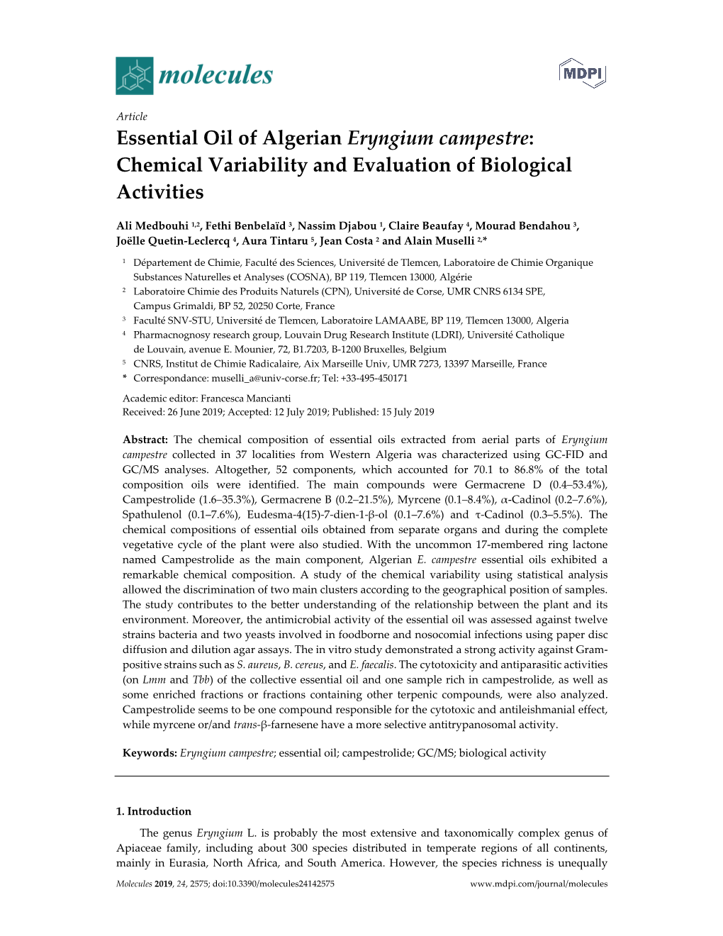 Essential Oil of Algerian Eryngium Campestre: Chemical Variability and Evaluation of Biological Activities