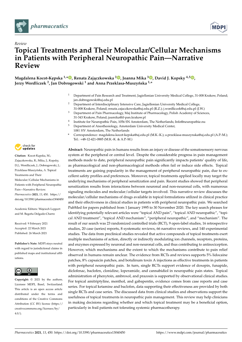 Topical Treatments and Their Molecular/Cellular Mechanisms in Patients with Peripheral Neuropathic Pain—Narrative Review