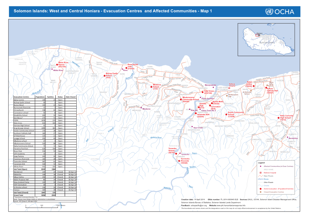 Solomon Islands: West and Central Honiara - Evacuation Centres and Affected Communities - Map 1
