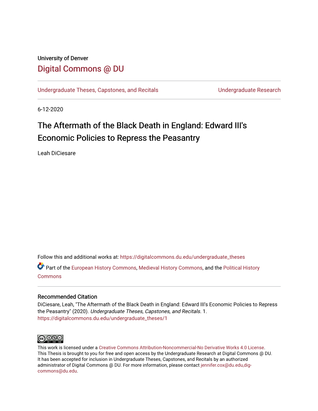 The Aftermath of the Black Death in England: Edward III's Economic Policies to Repress the Peasantry
