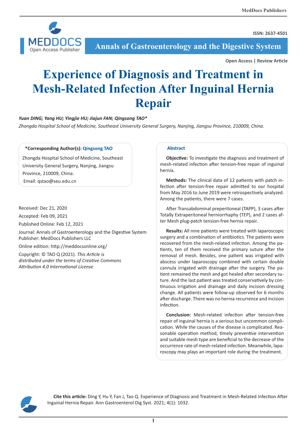 Experience of Diagnosis and Treatment in Mesh-Related Infection After Inguinal Hernia Repair