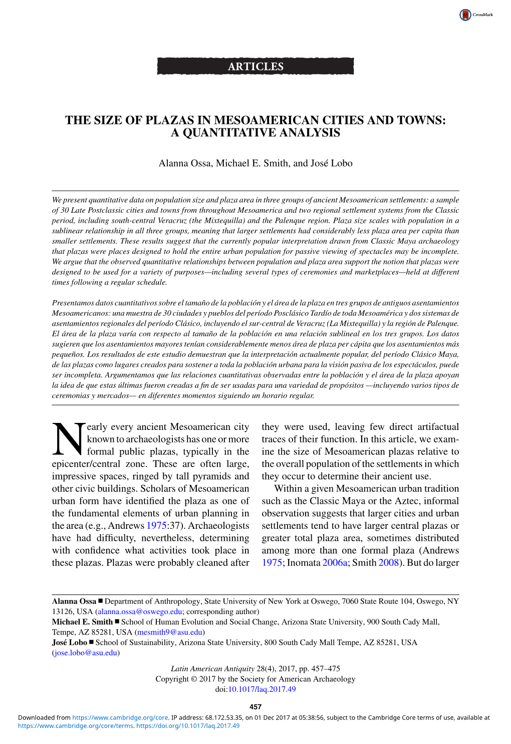 The Size of Plazas in Mesoamerican Cities and Towns: a Quantitative Analysis