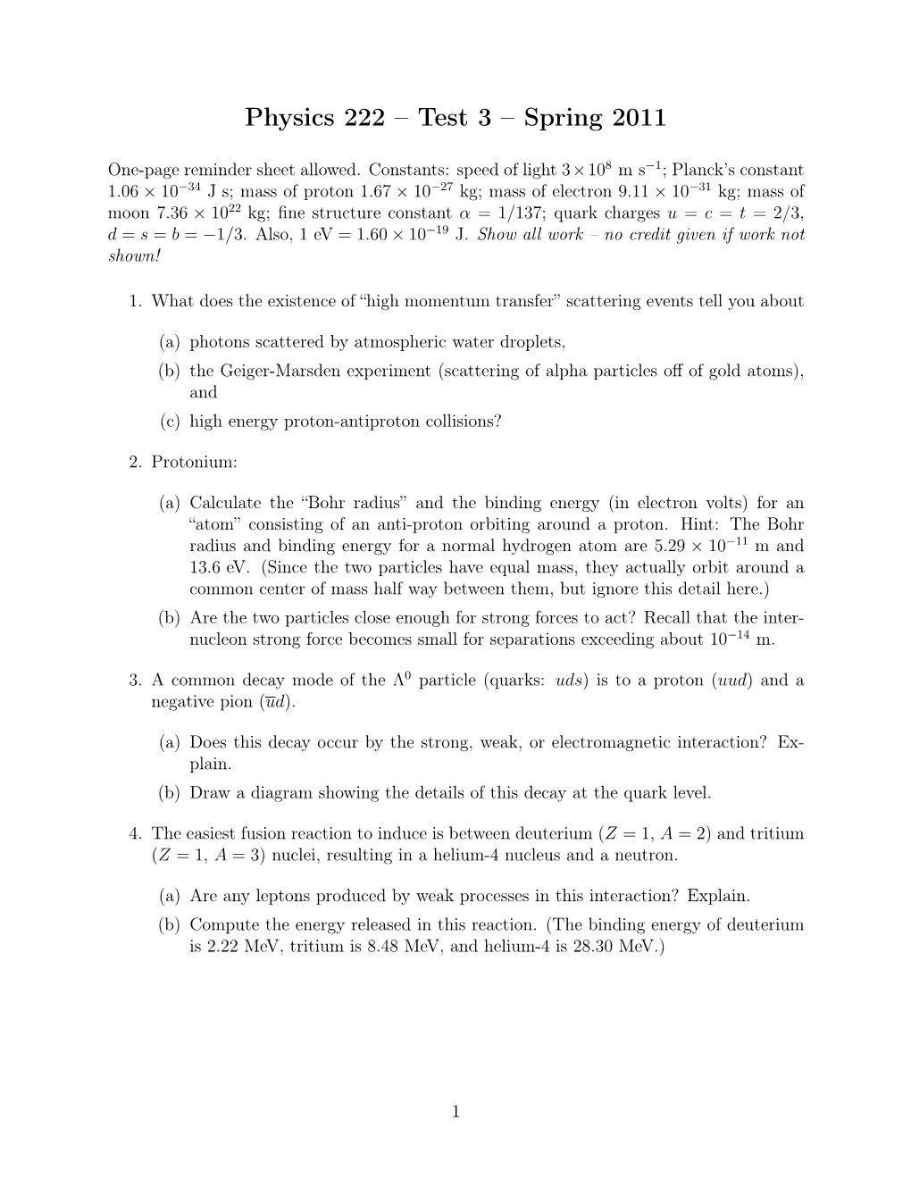 Physics 222 – Test 3 – Spring 2011