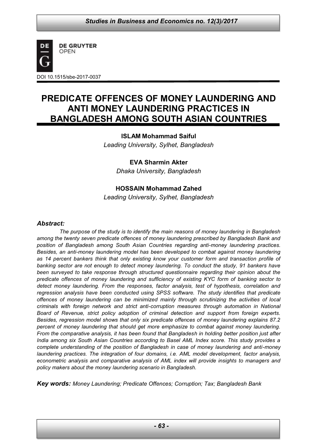 Predicate Offences of Money Laundering and Anti Money Laundering Practices in Bangladesh Among South Asian Countries