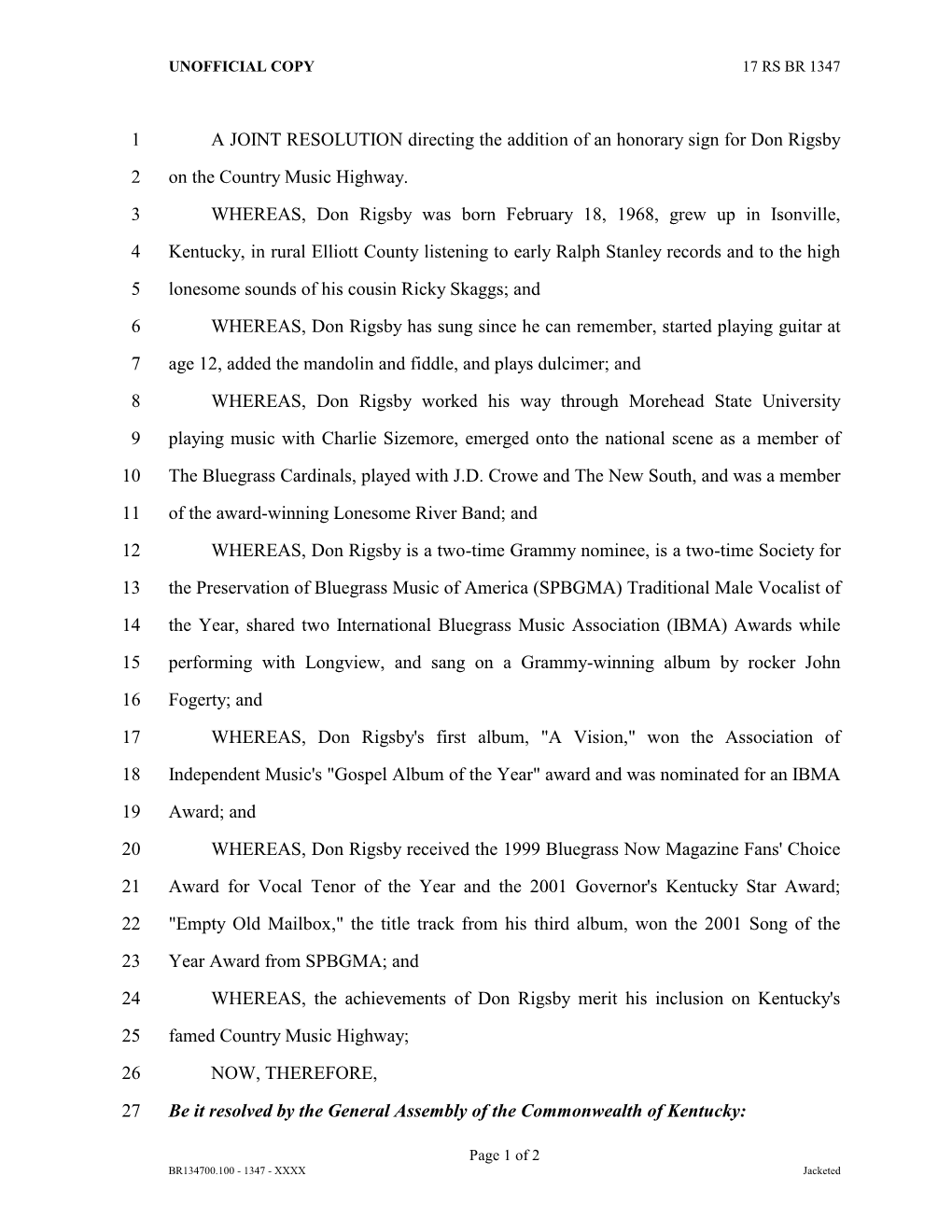 A JOINT RESOLUTION Directing the Addition of an Honorary Sign for Don Rigsby 2 on the Country Music Highway