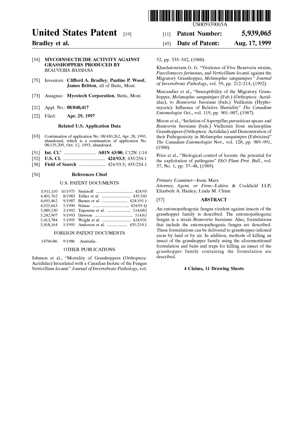 United States Patent (19) 11 Patent Number: 5,939,065 Bradley Et Al