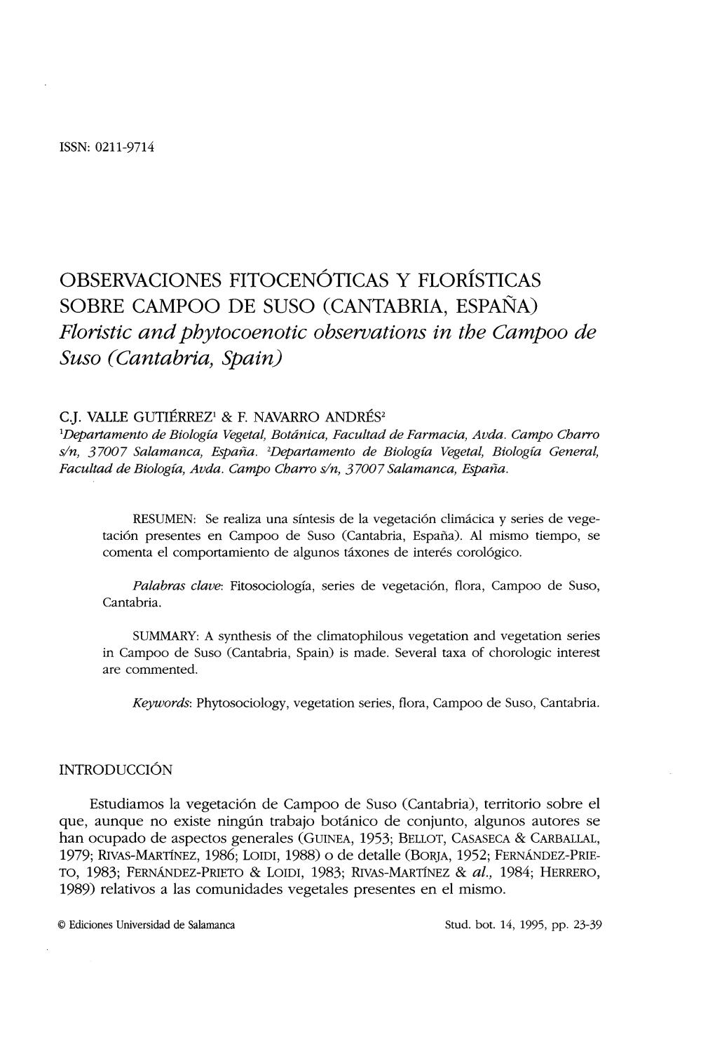 OBSERVACIONES FITOCENÓTICAS Y FLORÍSTICAS SOBRE CAMPOO DE SUSO (CANTABRIA, ESPAÑA) Floristic and Phytocoenotic Observations in the Campoo De Suso (Cantabria, Spain)