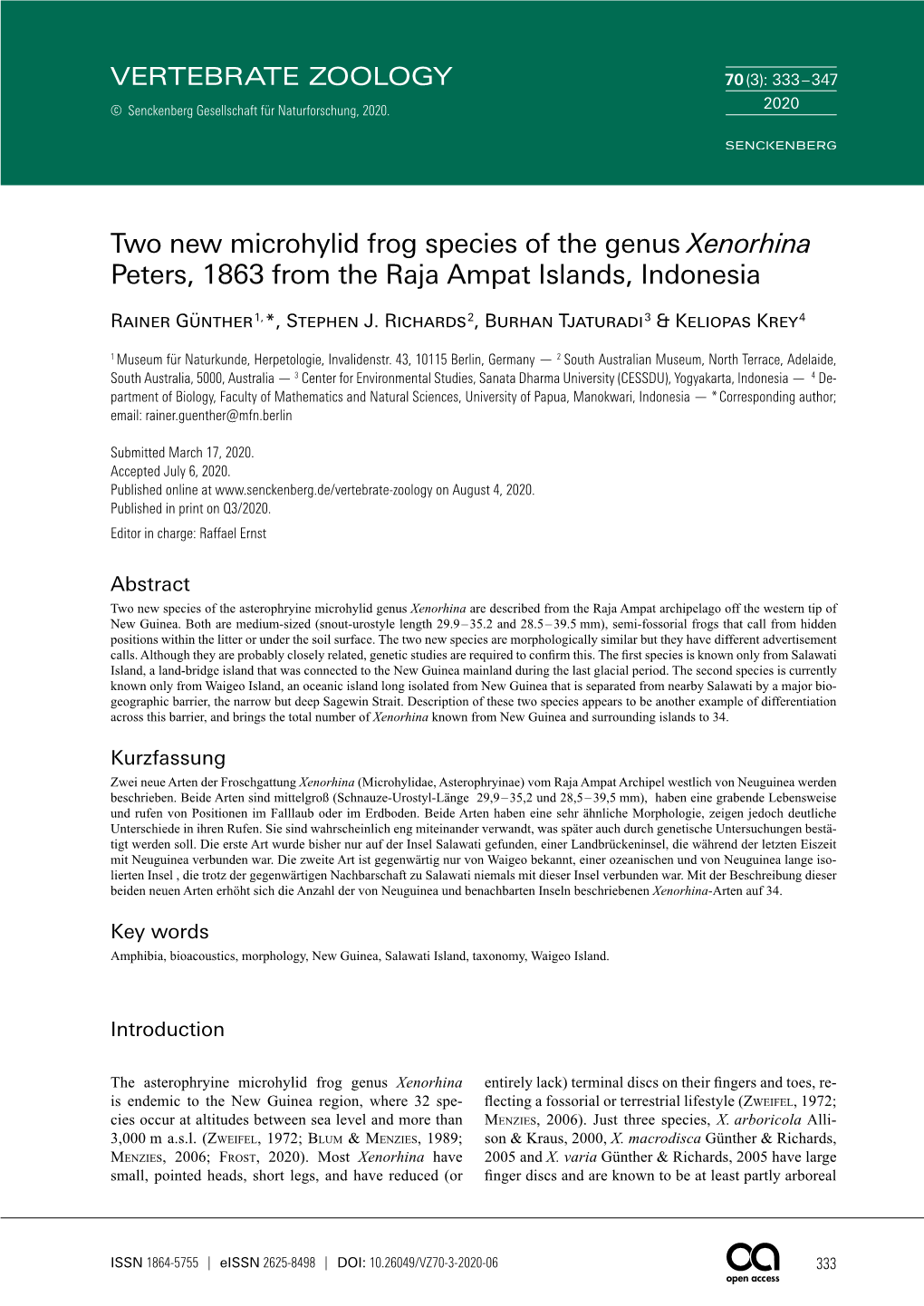 Two New Microhylid Frog Species of the Genus Xenorhina Peters, 1863 from the Raja Ampat Islands, Indonesia