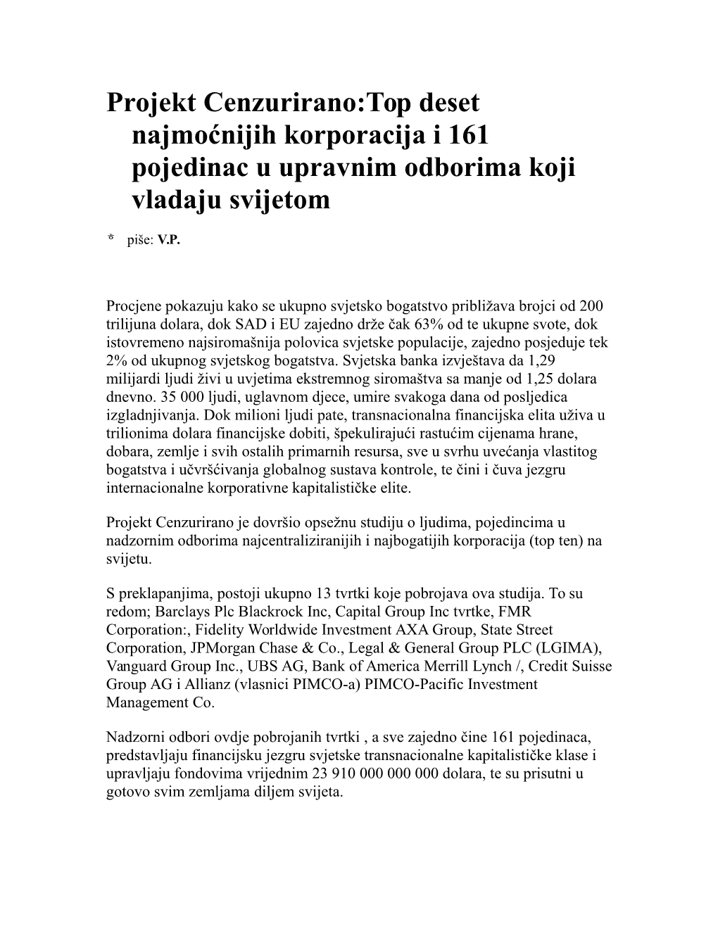 Projekt Cenzurirano:Top Deset Najmoćnijih Korporacija I 161 Pojedinac U Upravnim Odborima Koji Vladaju Svijetom